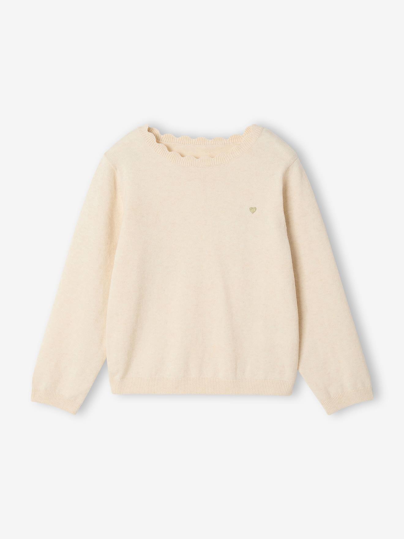 Mädchen Pullover mit Herz-Stickerei & Wellenausschnitt BASIC