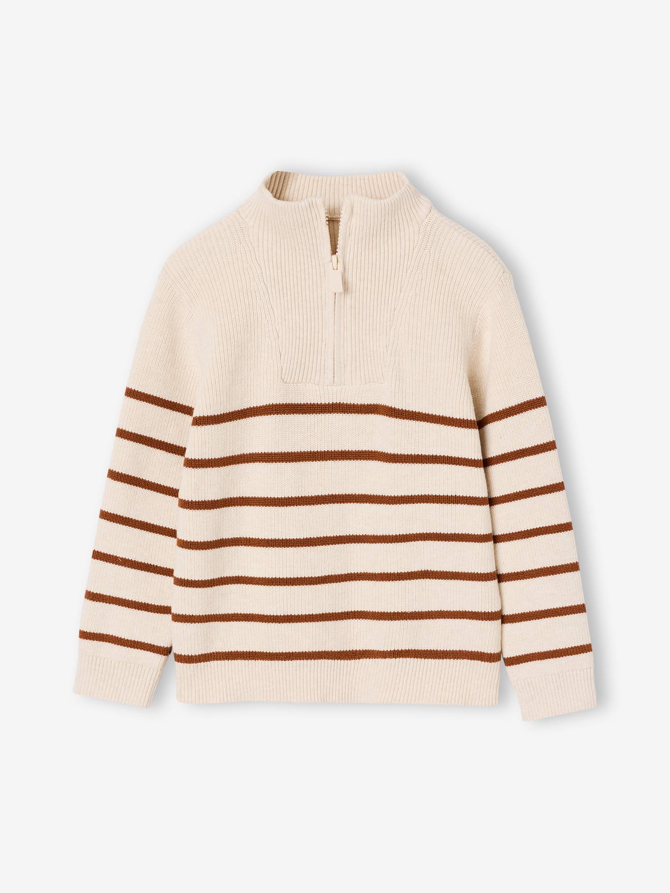 Gestreifter Strickpullover mit Reißverschluss-Kragen für Jungen