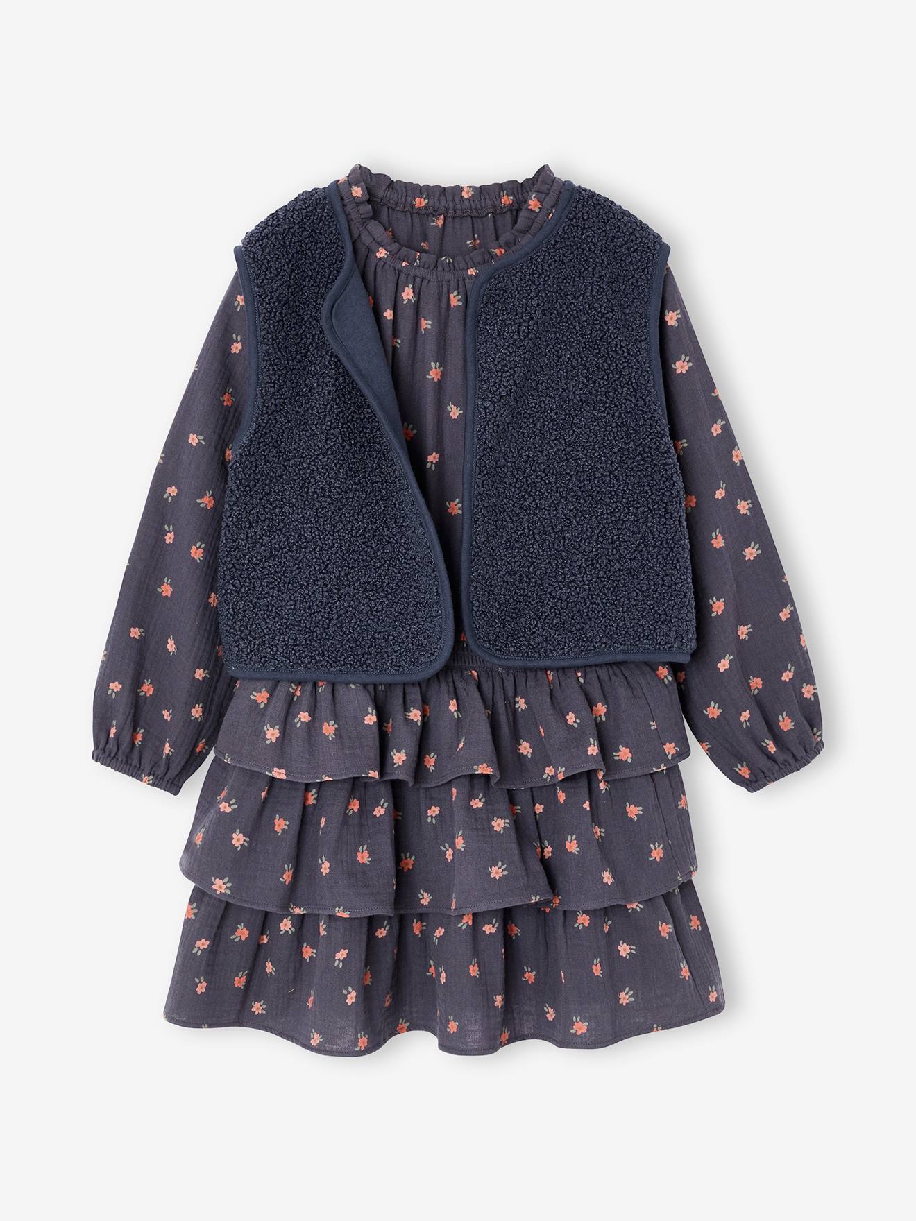 Set aus Wendeweste und Musselin-Kleid mit Volants Mädchen