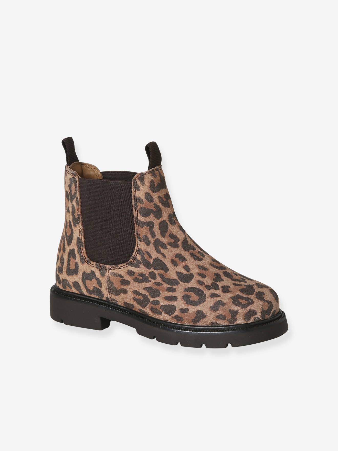 Leder-Boots mit Dehneinsätzen und Profilsohle Leo-Print Mädchen