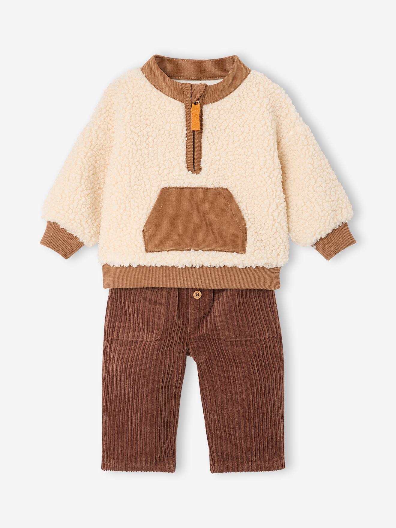 Baby-Set aus Teddyfleece-Pullover und Cordhose kakao