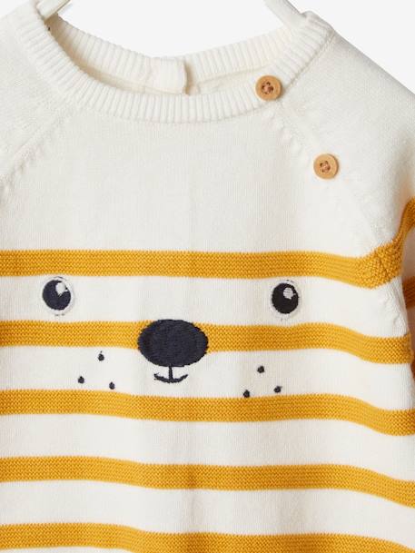 Jungen Pullover mit Stickerei Oeko-Tex - hellbraun+wollweiß/senfgelb gestreift - 7