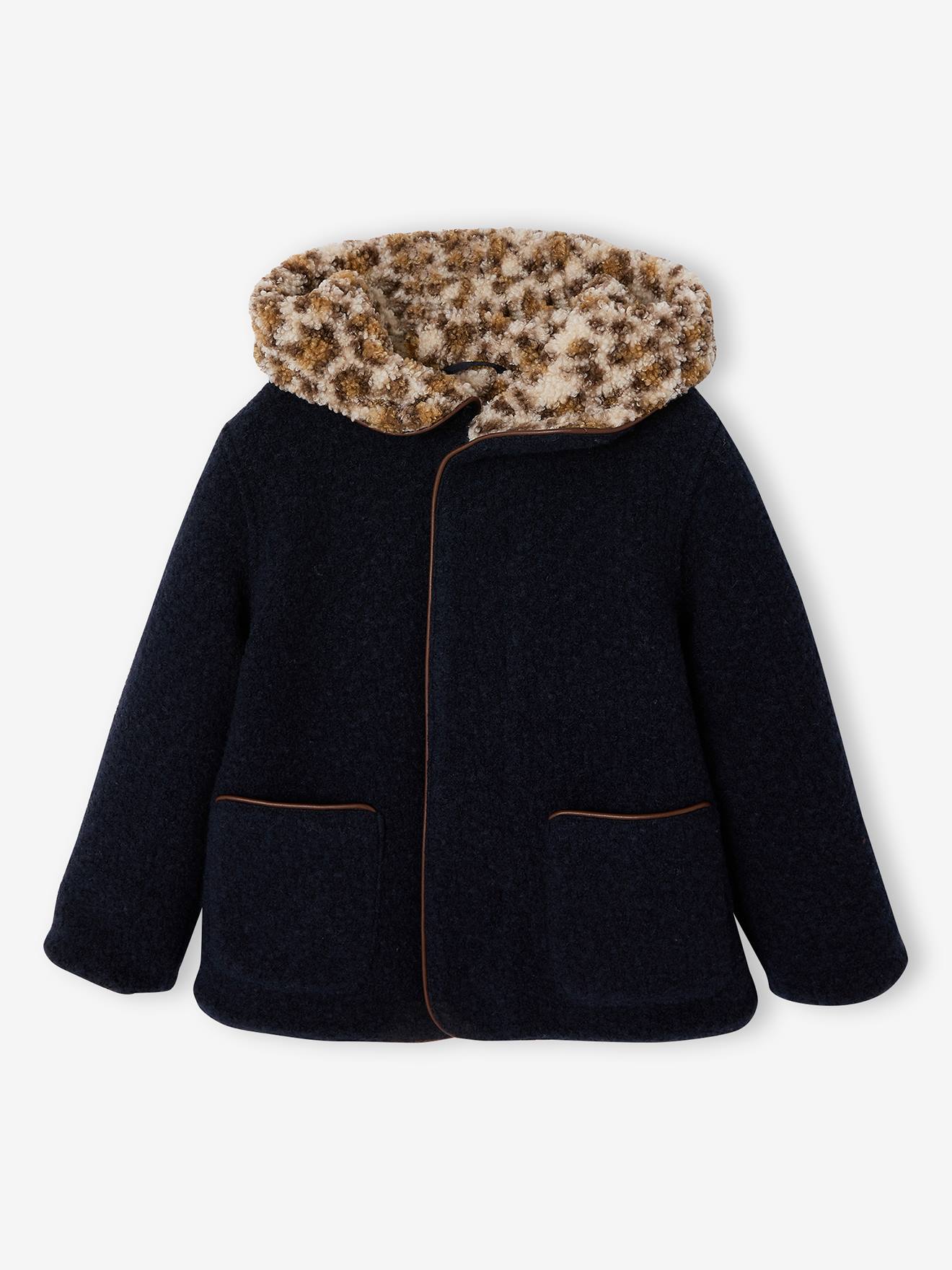 Mädchen Wintermantel mit Kapuze und Webpelzfutter Leo-Print