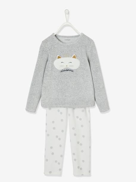 Mädchen Samt-Schlafanzug „Katze“ - grau - 1