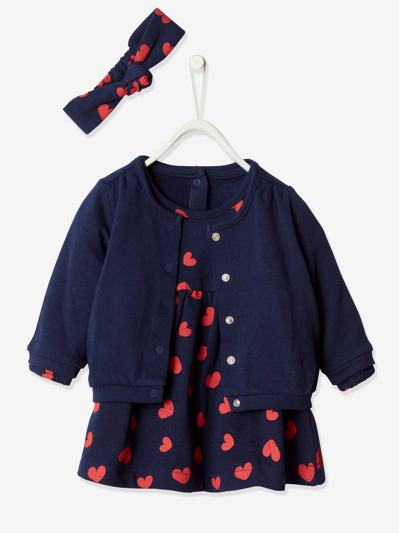 madchen baby-set: kleid, strickjacke & haarband - marine/herzen rot