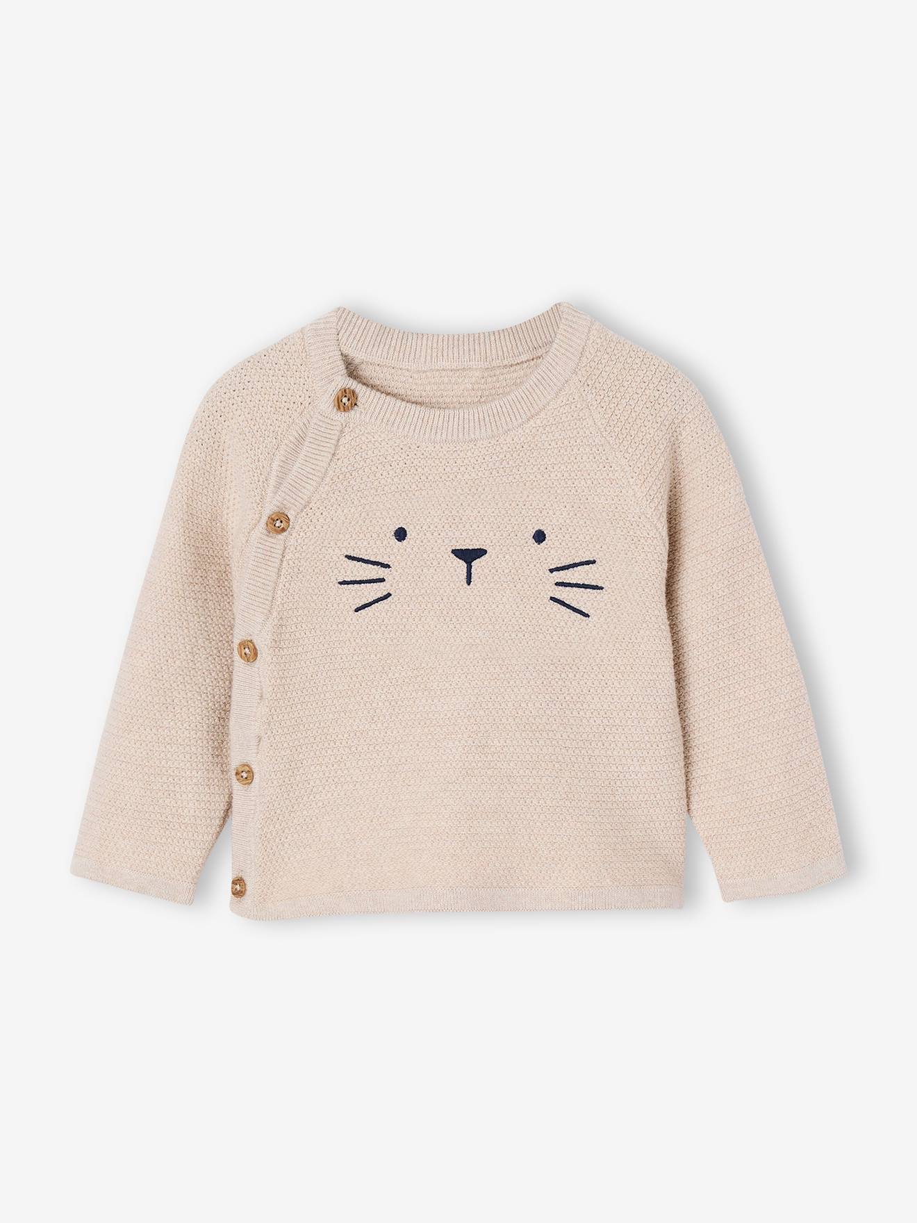Baby Strickjacke mit Katzengesicht und seitlicher Knopfleiste