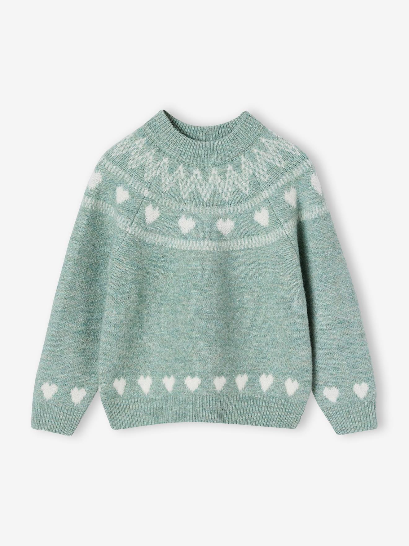 Pullover mit Jacquard-Herzen Mädchen salbei