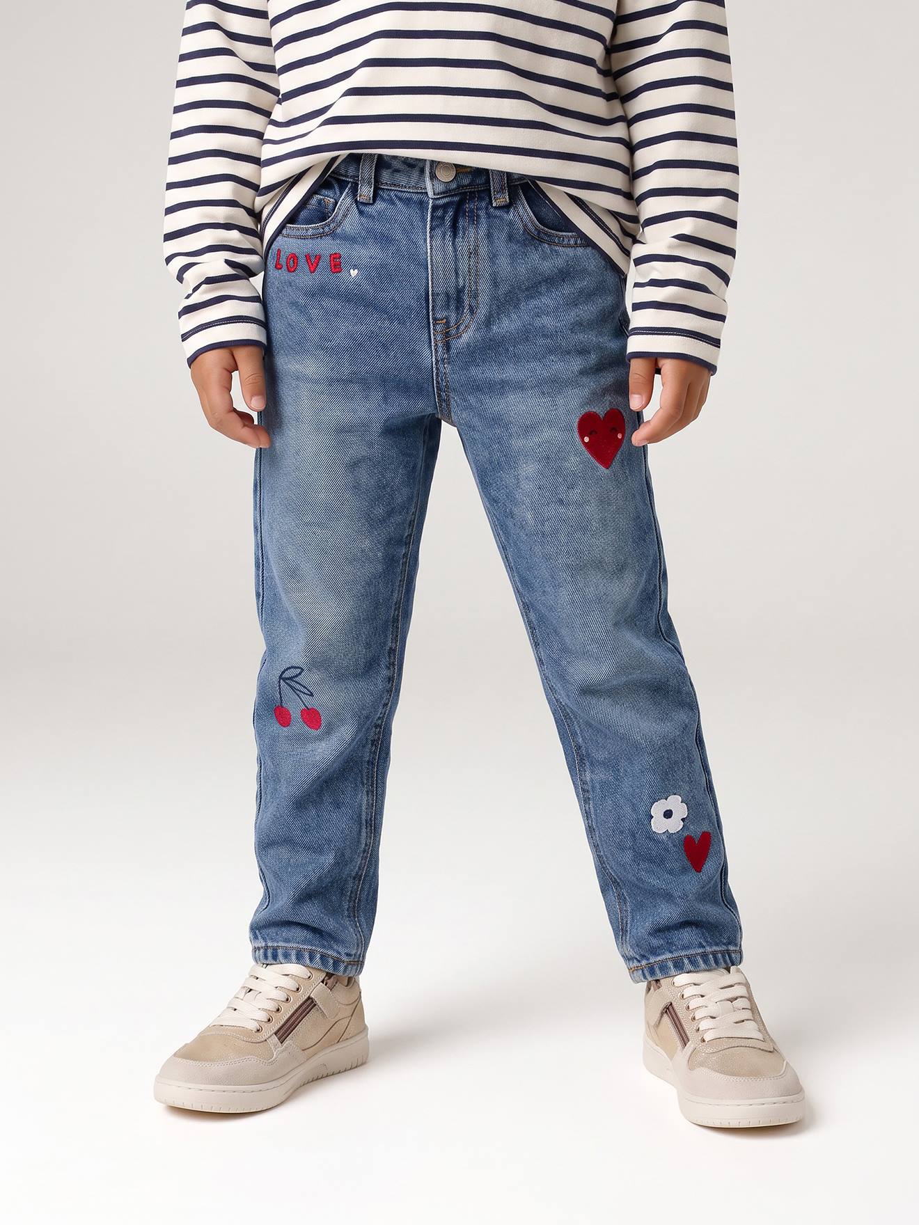 Mädchen Mom-Fit-Jeans mit Blumenstickerei