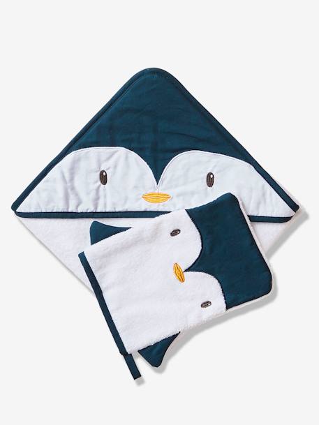 Baby Set aus Kapuzenbadetuch & Waschhandschuh „Pinguin“ Oeko-Tex - weiß/blau - 3