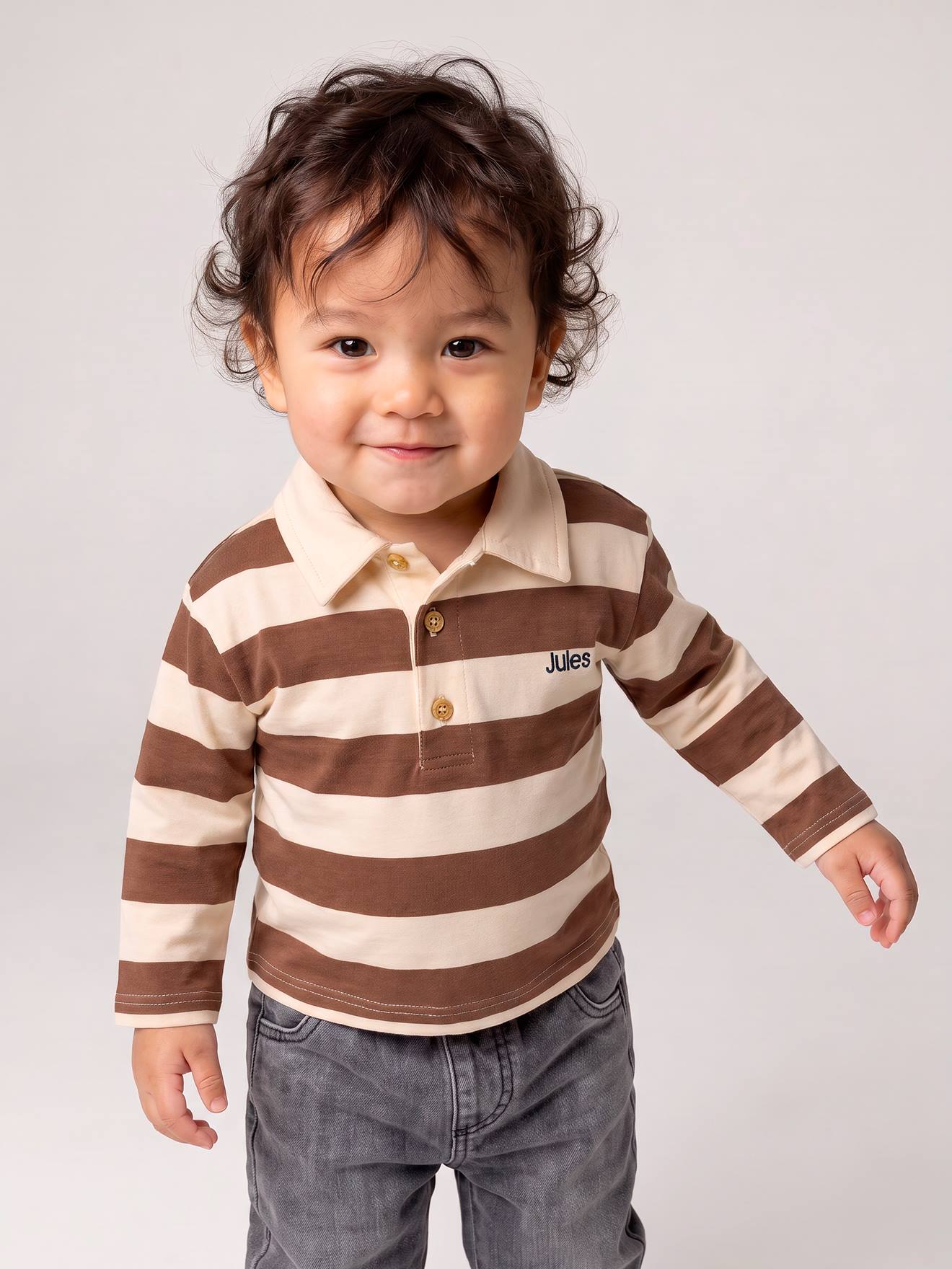 Baby Langarm-Poloshirt mit breiten Streifen kakao