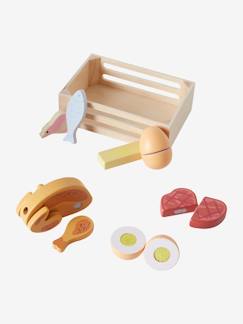 Spielzeug-Spielküchen, Tipis & Kostüme -Spielküchen & Puppengeschirr-Kiste mit Lebensmitteln aus Holz FSC
