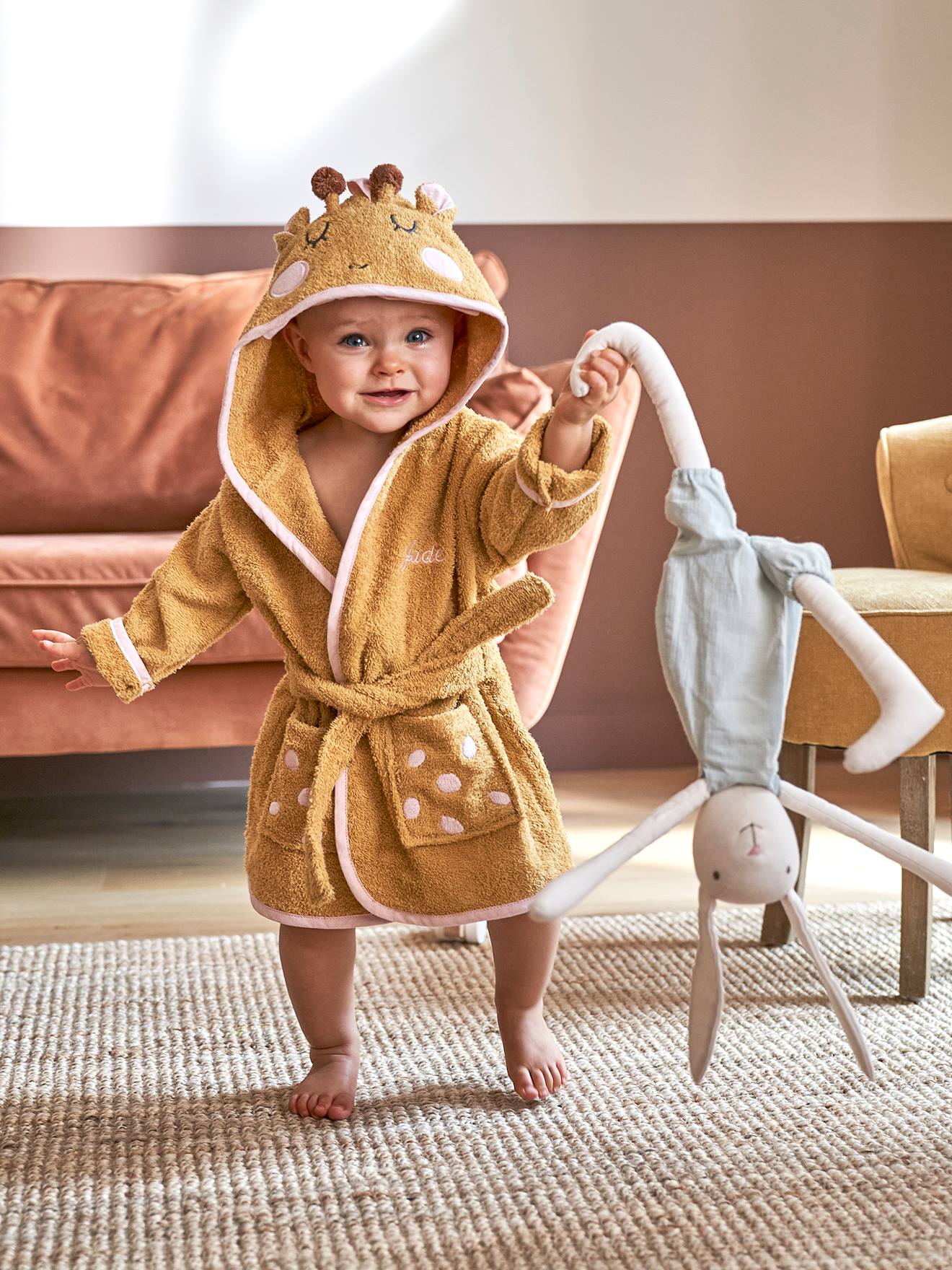 74/80 Größe: 6-12 Monate Motiv: Teddy Bär Bademantel mit Kapuze für Neugeborene & Kleinkinder Babytwon Baby Bademantel rosa weiß 