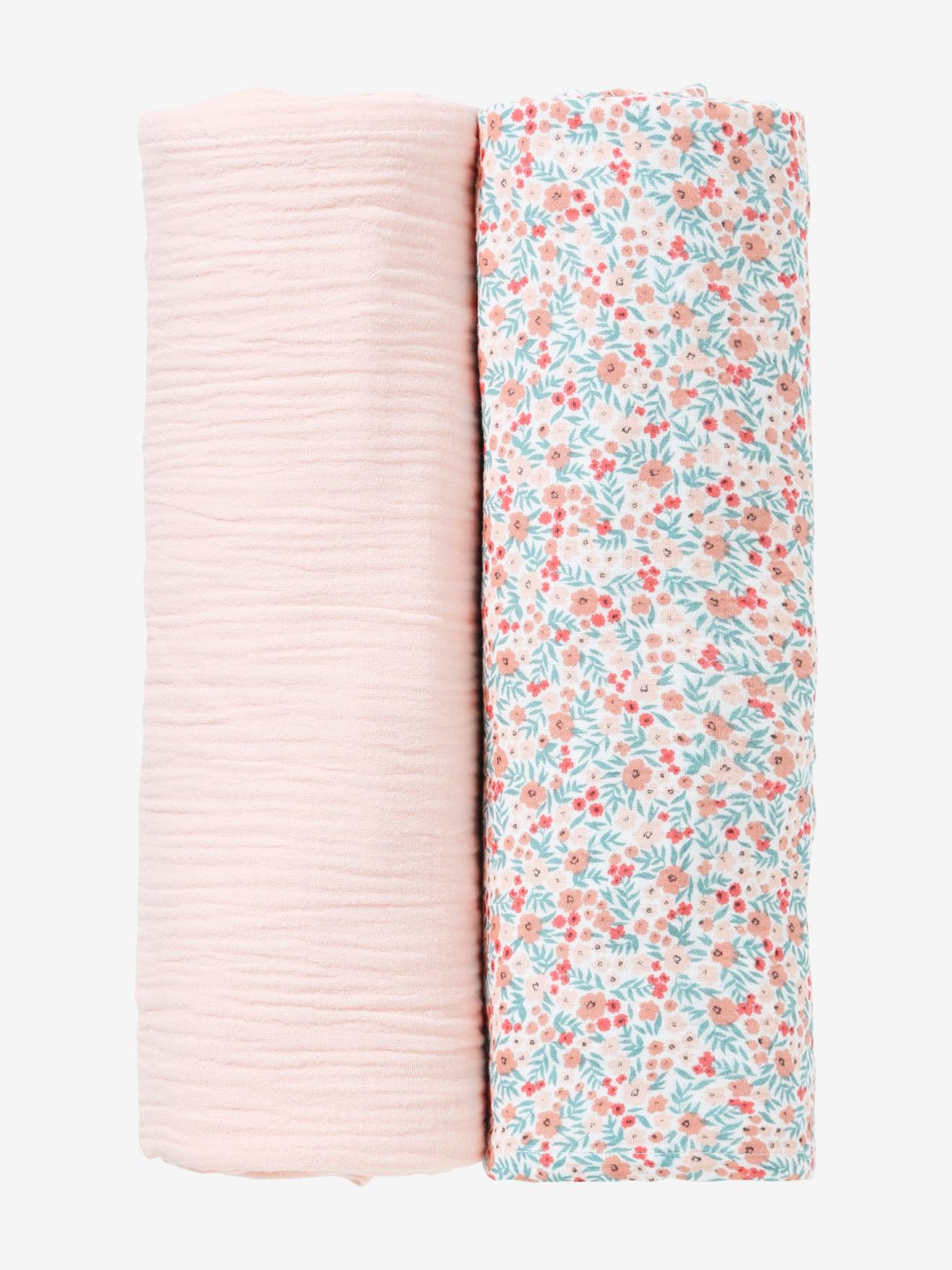 2er-Pack Baby Pucktücher rosa/rosa/aqua geblümt von vertbaudet Unisex ONE SIZE