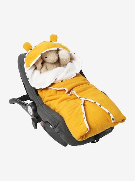 Einschlagdecke für Babyschale, Musselin Oeko-Tex - graugrün+karamell+rosa+senfgelb - 16