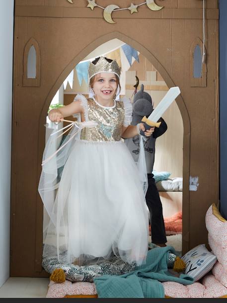 Prinzessinnen-Kostüm mit Schleppe und Krone - rosa+weiß/gold - 9