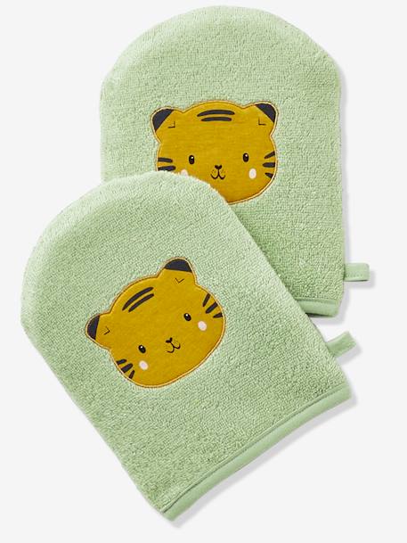 2er-Pack Waschhandschuhe, Panda oder Tiger Oeko Tex® - grün tiger+senfgelb - 1