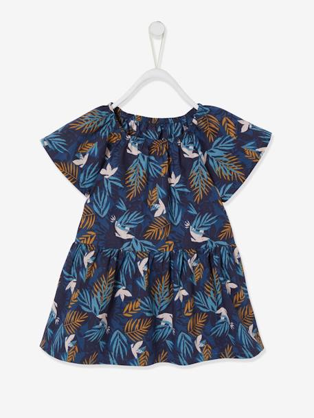 Mädchen Baby Kleid, Schmetterlingsärmel - nachtblau bedruckt blätter - 1