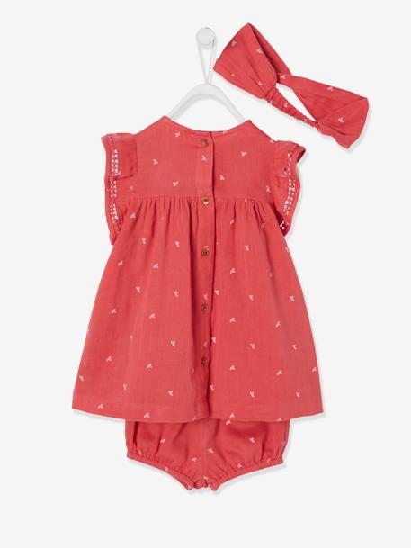 Mädchen Baby-Set: Kleid, Spielhose und Haarband - dunkelrosa bedruckt+senfgelb bedruckt - 5