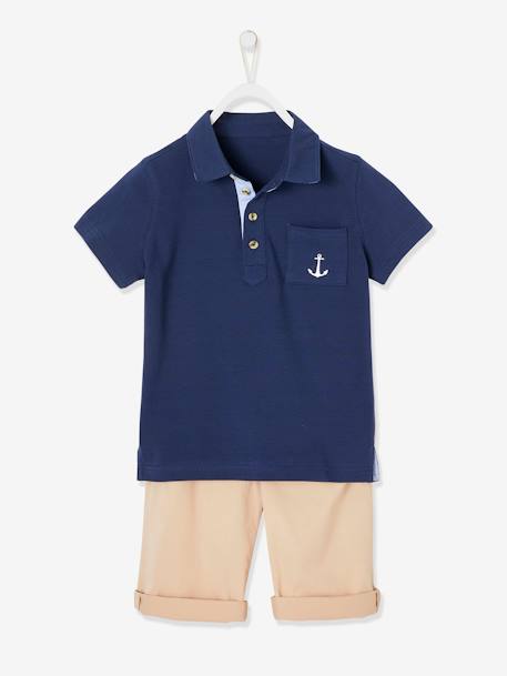 Festliches Jungen-Set: Poloshirt und Shorts - blau+marine+marine+hellbeige - 6
