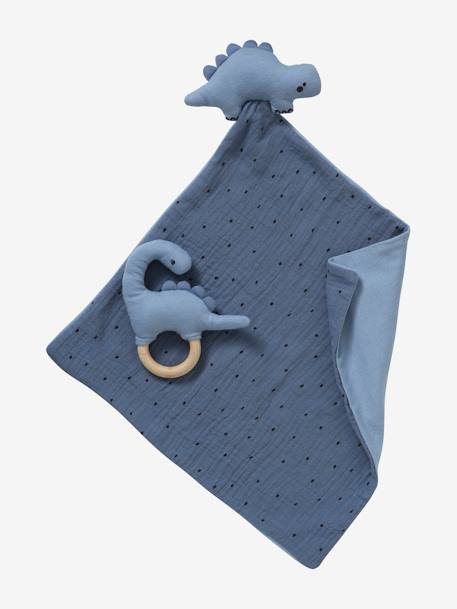 Baby Geschenk-Set: Schmusetuch und Greifling „Kleiner Dino“ - blau - 1