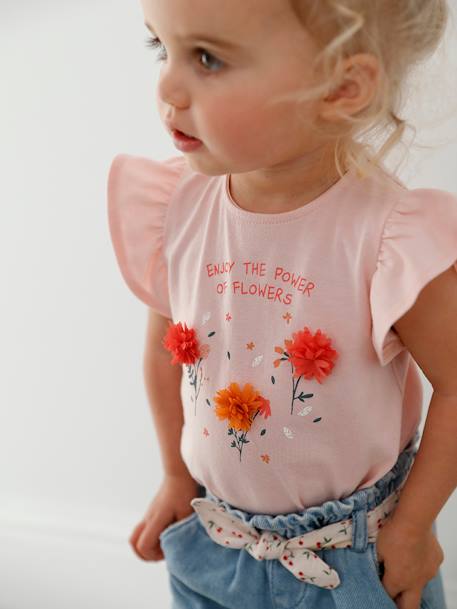 Mädchen Baby T-Shirt, 3D-Blumen Oeko Tex - altrosa+weiß - 1