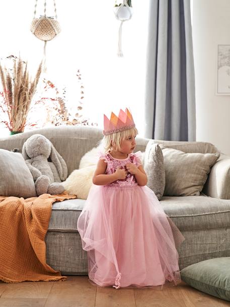 Prinzessinnen-Kostüm mit Schleppe und Krone - rosa+weiß/gold - 2