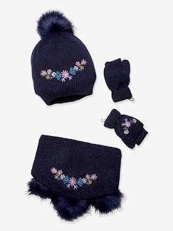 Maedchenkleidung-Accessoires-Mützen, Schals & Handschuhe-Mädchen-Set mit Blumen: Mütze, Rundschal & Halbhandschuhe