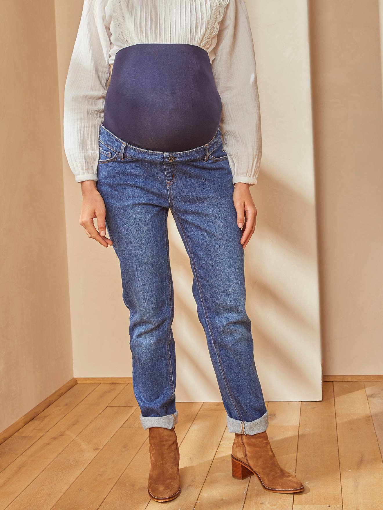Umstands-Jeans mit Stretch-Einsatz, Mom-Fit, Bundweite verstellbar blau Gr. 34 von vertbaudet