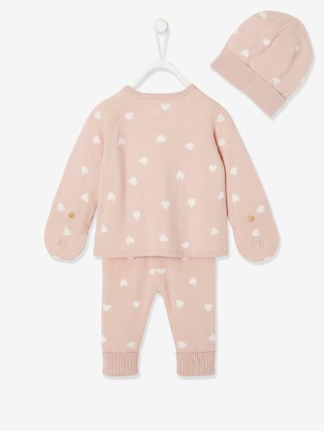 Baby Strick-Set: Leggings, Mütze & Pullover mit Fäustlingen Oeko-Tex - hellgrau meliert+rosa - 13