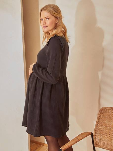 Kurzes Kleid für Schwangerschaft & Stillzeit, Musselin - braun+schwarz - 12