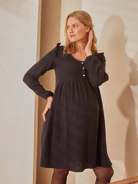 Kurzes Kleid für Schwangerschaft & Stillzeit, Musselin - braun+schwarz - 7