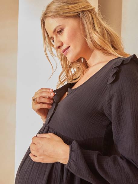 Kurzes Kleid für Schwangerschaft & Stillzeit, Musselin - braun+schwarz - 10