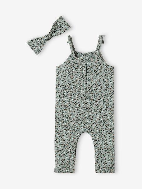 Mädchen Baby-Set: Overall & Haarband - graugrün/braun+petrol bedruckt+weiß geblümt - 4