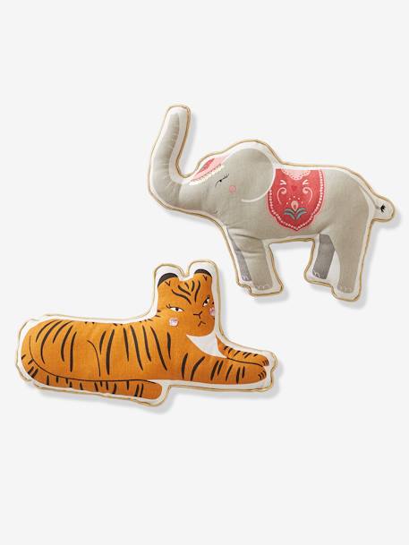 2er-Pack Kinder Kissen „India“, Tiere - grau elefant+senfgelb tiger - 1