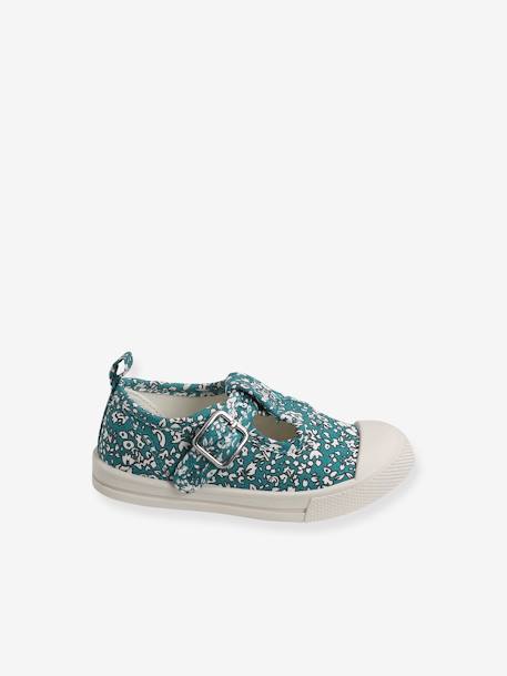 Mädchen Baby Stoff-Ballerinas - grün bedruckt+pfirsich+weiß lochstickerei - 2