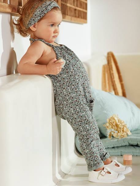 Mädchen Baby Stoff-Ballerinas - grün bedruckt+pfirsich+weiß lochstickerei - 27