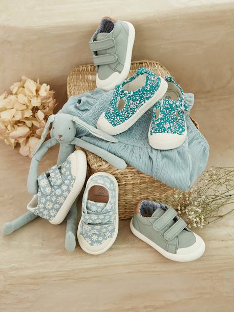 Mädchen Baby Stoffschuhe, Klett - blau bedruckt+mehrfarbig+weiß - 12