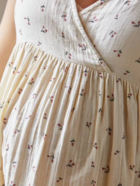 Kurzes Baumwollkleid für Schwangerschaft & Stillzeit - beige bedruckt+rosa - 6