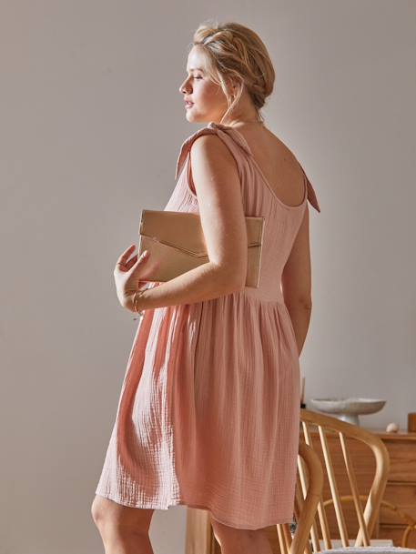 Kurzes Baumwollkleid für Schwangerschaft und Stillzeit - beige bedruckt+rosa - 11