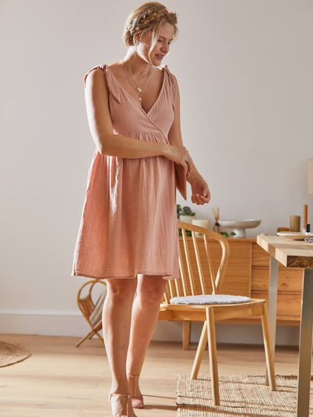 Kurzes Baumwollkleid für Schwangerschaft & Stillzeit - beige bedruckt+rosa - 15