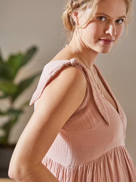 Kurzes Baumwollkleid für Schwangerschaft & Stillzeit - beige bedruckt+rosa - 14