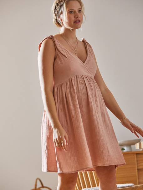 Kurzes Baumwollkleid für Schwangerschaft & Stillzeit - beige bedruckt+rosa - 10