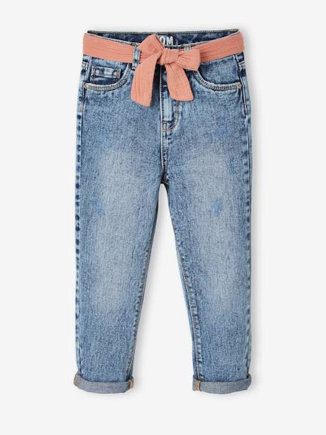 Mädchen Jeans mit Stoffgürtel, Mom-Fit - double stone+schwarz - 10