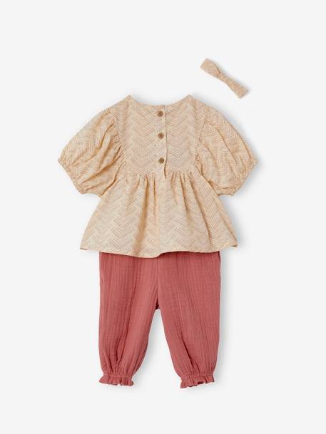 Mädchen Baby-Set: Bluse, Hose & Haarband - beige bederuck+dunkelrosa - 4