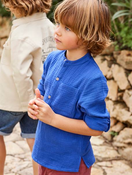 Jungen Hemd aus Musselin, Ärmel zum Krempeln, personalisierbar - blau+gelb+grün+wollweiß - 3