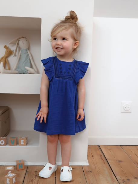 Besticktes Baby Kleid aus Musselin - blau - 1