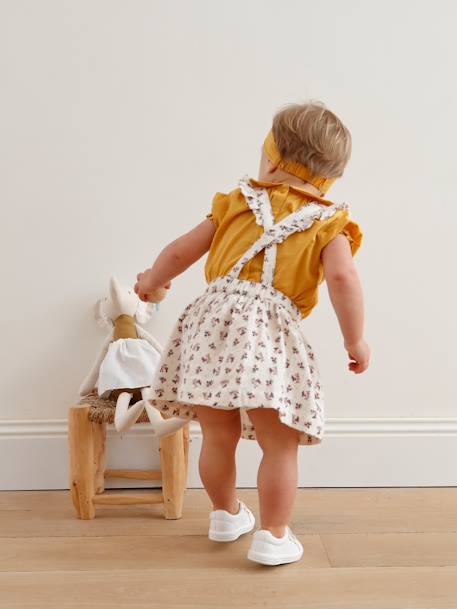 Mädchen Baby-Set: Bluse, Latzrock + Haarband - senfgelb+hellbeige geblümt+weiß geblümt+marine - 9