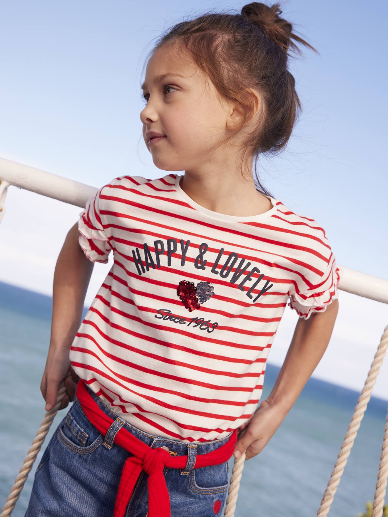 Mädchen T-Shirt mit Pailletten-Applikation rot/happy&lovely her Gr. 86 von vertbaudet