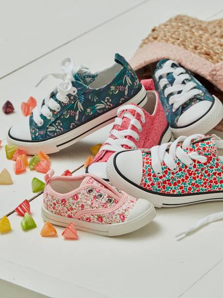 Mädchen Baby Stoff-Sneakers mit Gummizug - blau bedruckt/herzen+rosa blumen - 11