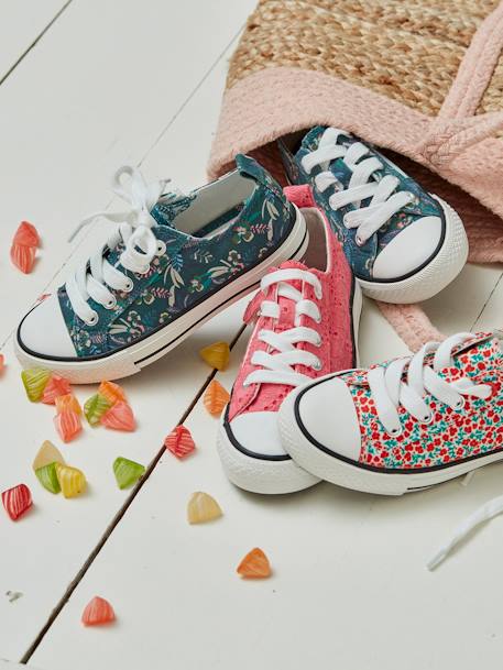 Mädchen Stoff-Sneakers mit Reißverschluss - grün bedruckt/tropical+pfirsich+rosa+rote blumen - 33